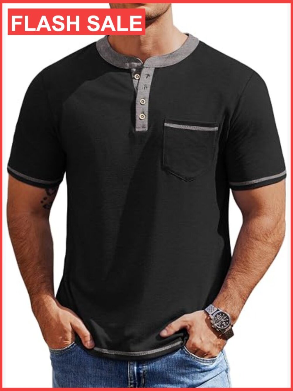 Mens Henley Shirts Short Sleeve Casual Tee with Pocket Summer